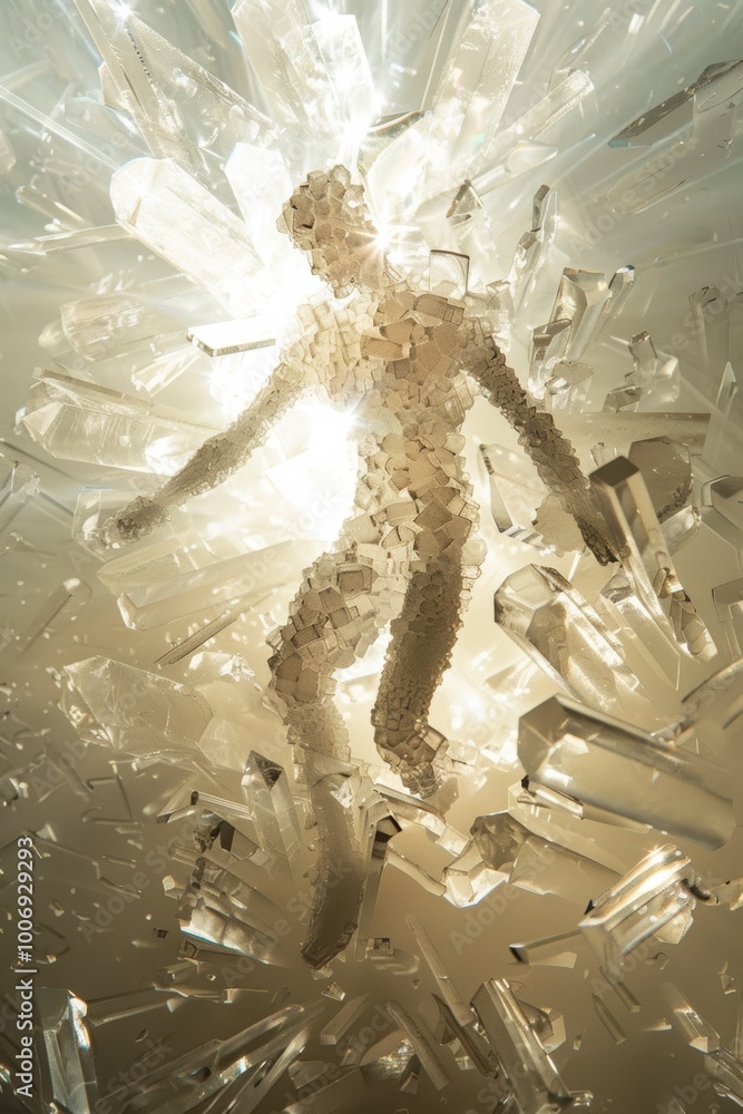 A luminous figure is emerging from crystalline structures, surrounded by sparkling light, evoking a sense of ethereal beauty and transformation.