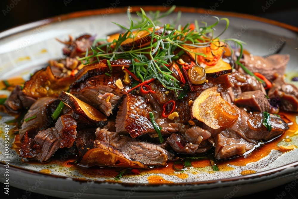 A vibrant platter of beautifully cooked meat garnished with herbs and spices, showcasing an appealing arrangement and rich flavors.