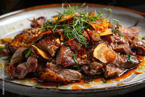A vibrant platter of beautifully cooked meat garnished with herbs and spices, showcasing an appealing arrangement and rich flavors.