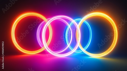 Abstract neon background with glowing light effects and dynamic curves in the shape of rings