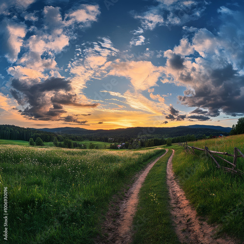 serene summer landscape featuring winding dirt path through lush green fields under vibrant sunset sky filled with clouds. scene evokes sense of tranquility and natural beauty