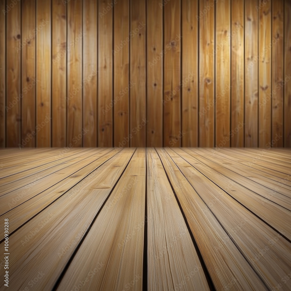 Naklejka premium Wooden boards create warm and inviting atmosphere in this interior space, showcasing beautifully textured floor and wall. natural grain and color of wood enhance rooms aesthetic appeal