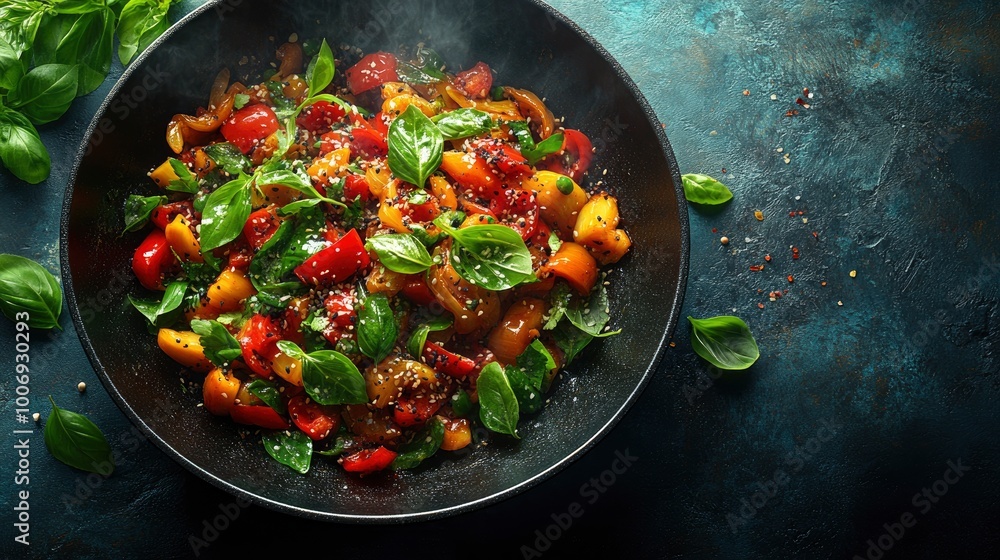 Sauteed Peppers and Basil in a Wok Sauteed Peppers and Basil in a Wok