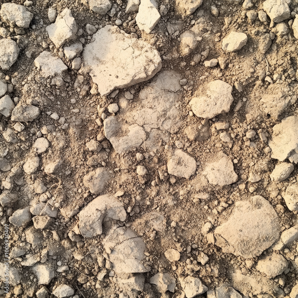 Dry, cracked soil with scattered stones creates rugged natural background, showcasing texture and earthy tones of ground Dry, cracked soil with scattered stones creates rugged natural background, showcasing texture and earthy tones of ground