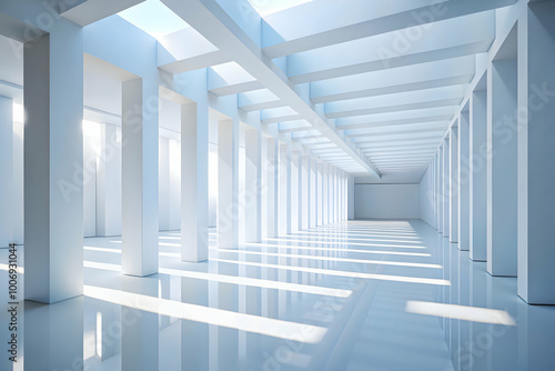 Modern Minimalist Corridor: A minimalist architectural masterpiece with sleek white columns and a reflective floor, bathed in natural light streaming through windows.