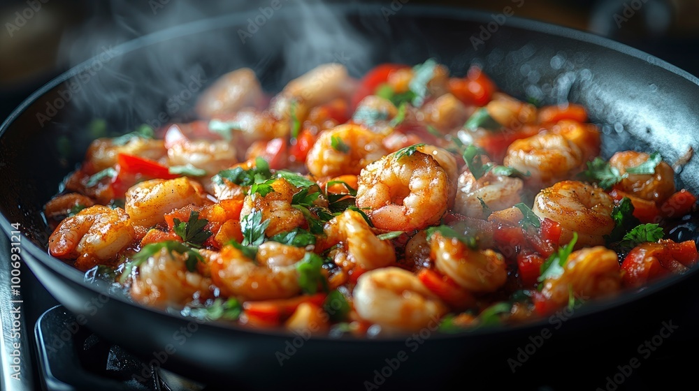 Steaming Shrimp Scampi in a Frying Pan Steaming Shrimp Scampi in a Frying Pan