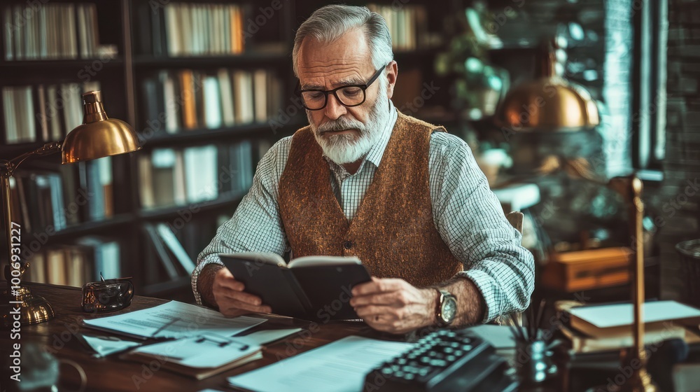 Middle aged male writer working on a script in his office Middle aged male writer working on a script in his office