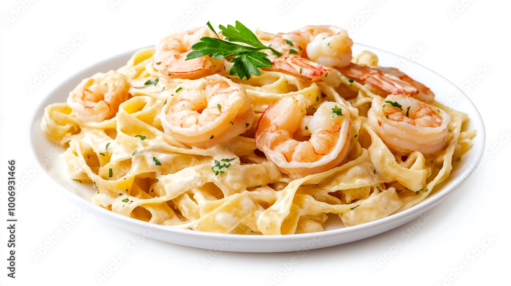 Creamy shrimp fettuccine served on a white plate with fresh parsley garnish Creamy shrimp fettuccine served on a white plate with fresh parsley garnish