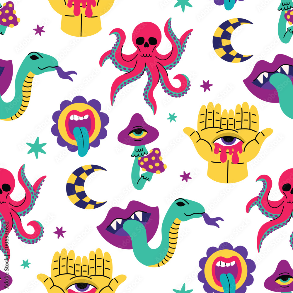 Obraz premium Psychedelic trend seamless pattern, bright acidic elements. Cartoon illustration on a white background