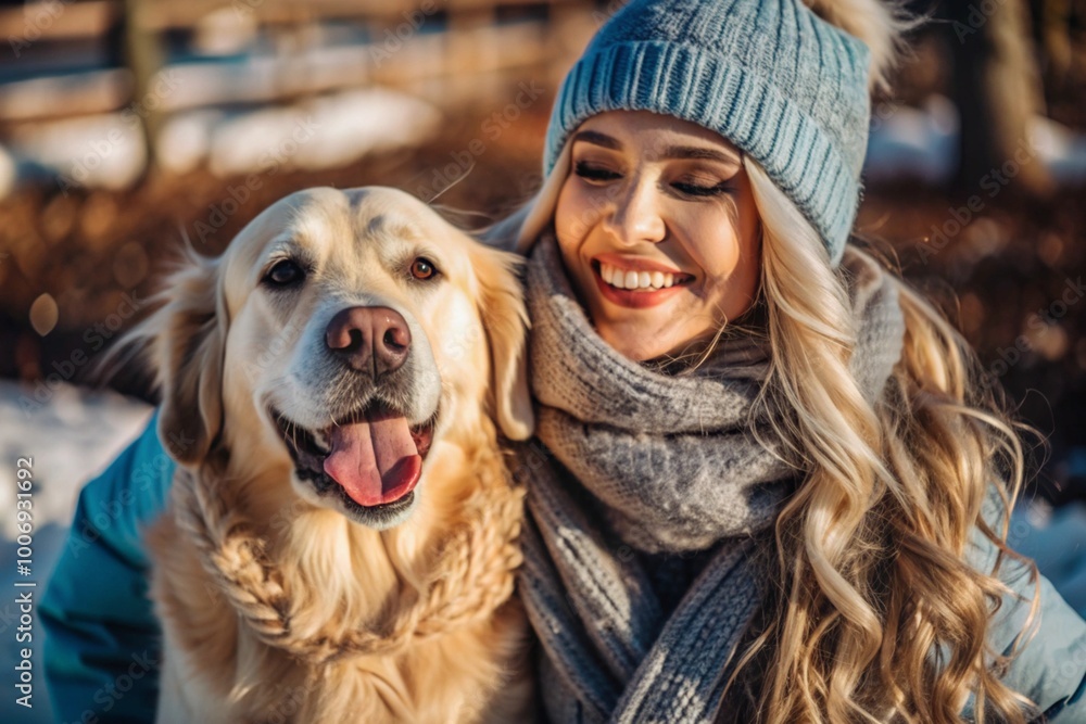Happy New Year and Merry Christmas! Pets. A woman hugs a retriever dog. A conscious life with pets, the concept of love for animals. Happy New Year and Merry Christmas! Pets. A woman hugs a retriever dog. A conscious life with pets, the concept of love for animals.