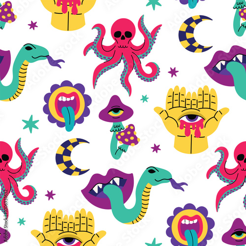 Psychedelic trend seamless pattern, bright acidic elements. Cartoon illustration on a white background