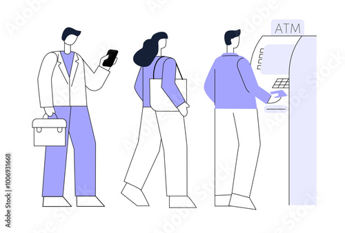 People stands next to an ATM. Queue stands and waits