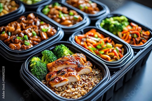 A meal prep layout with easy-to-carry containers, packed with healthy meals like stir-fried chicken, brown rice, and sautÃ©ed vegetables.