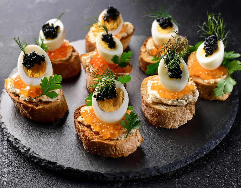 Canapes with boiled eggs, caviar and salmon on a black stone plate. Canapes with boiled eggs, caviar and salmon on a black stone plate.