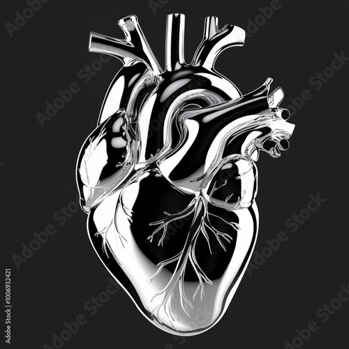 Metallic anatomical heart sculpture on black background