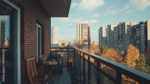 Scenic view from balcony of urban apartment. City skyline viewed from balcony