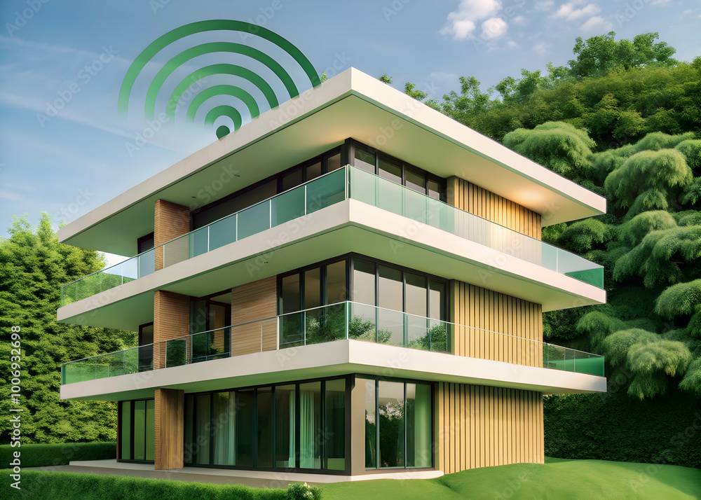 Obraz premium Smart Home in the Woods: A modern, stylish home with a green roof and large windows sits nestled in a lush forest, surrounded by trees, with a green wifi symbol floating above.