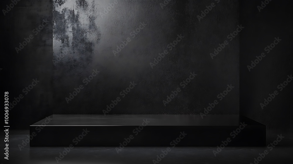 3D background for the product. The studio with the table is empty. Black podium with dark concrete wall. Interior mockup with countertop and window shadow. 3D background for the product. The studio with the table is empty. Black podium with dark concrete wall. Interior mockup with countertop and window shadow.