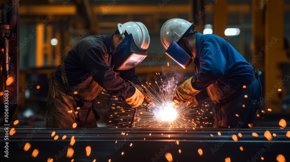 Welders Working with Sparks in Industrial Environment Welders Working with Sparks in Industrial Environment