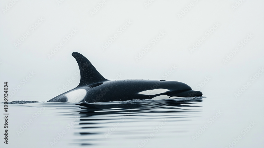 Fototapeta premium Orca swimming gracefully in calm waters under a cloudy sky during early morning hours