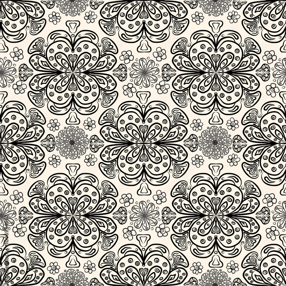 Monochrome print. Abstract kaleidoscope drawing samless pattern. Illustration with texture and noise Monochrome print. Abstract kaleidoscope drawing samless pattern. Illustration with texture and noise