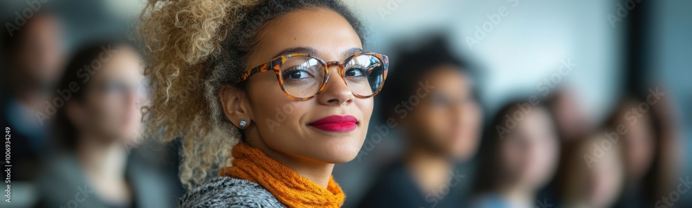 Blond woman with glasses and a scarf looking at the camera Blond woman with glasses and a scarf looking at the camera