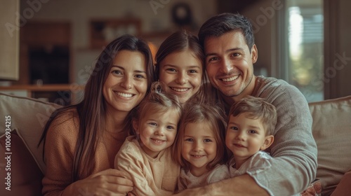 portrait of happy family of five sitting together on a couch in the livingroom
