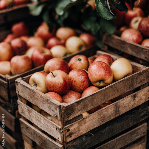 Freshly harvested apples are beautifully arranged in rustic wooden crates, showcasing their vibrant colors and inviting texture. scene evokes sense of abundance and joy of autumn harvest