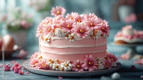 Pink Floral Birthday Cake with White Icing