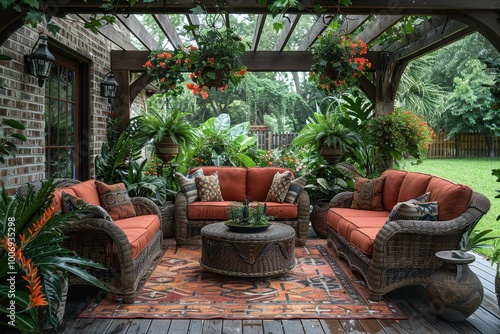 Tropical Outdoor Patio An inviting outdoor patio with wicker furniture, colorful cushions, and lots of tropical plants. Add a pergola with climbing vines and a view of the garden.