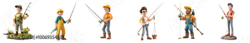 White man mascot fishing, 3D cartoon illustration, isolated on transparent background, cute animated style, beautiful colors, generative ai