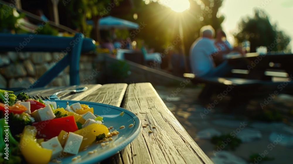 Fototapeta premium Fresh Salad on Table with Sunset Background