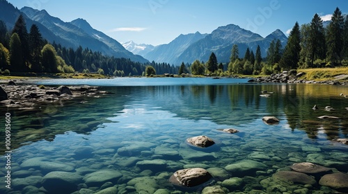 Mountain lake with clear water and mountains in the background
