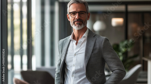 A business casual portrait of a confident professional standing in a modern office, soft natural light, neutral tones