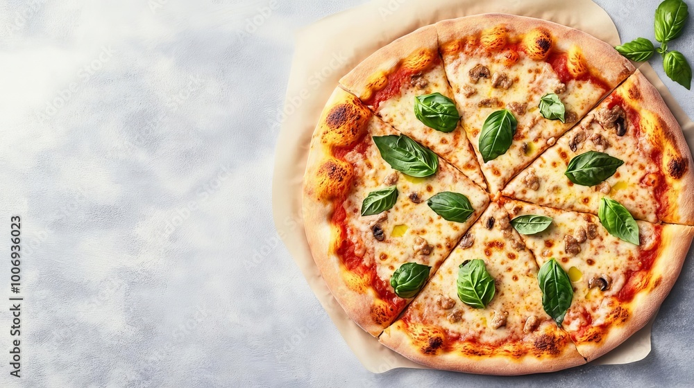Crispy pizza, aromatic basil, olive oil sheen, 3D illustration Crispy pizza, aromatic basil, olive oil sheen, 3D illustration