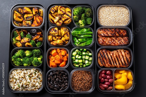 A meal prep setup for a familyâ€™s healthy week, with large trays of roasted vegetables, grilled meats, and whole grains, divided into containers for each day.