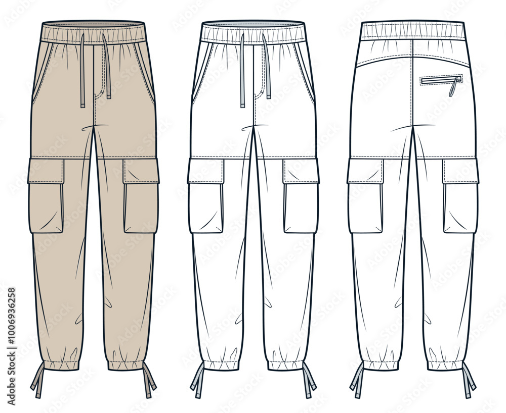Jogger Pants fashion flat technical drawing template. Cargo Pants technical fashion Illustration, side pockets, elastic waistband, front and back view, white, beige, women, men, unisex CAD mockup set. Jogger Pants fashion flat technical drawing template. Cargo Pants technical fashion Illustration, side pockets, elastic waistband, front and back view, white, beige, women, men, unisex CAD mockup set.