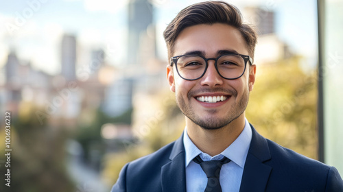 A business casual portrait of a young professional with glasses, smiling confidently, outdoor setting with a cityscape behind