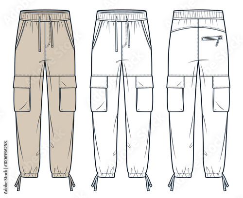 Jogger Pants fashion flat technical drawing template. Cargo Pants technical fashion Illustration, side pockets, elastic waistband, front and back view, white, beige, women, men, unisex CAD mockup set.