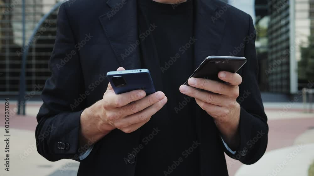 Man businessman boss making call with two phones smartphones, using applecation, walking near his office center in a dark business suit, Experienced CEO entrepreneur in modern office district Man businessman boss making call with two phones smartphones, using applecation, walking near his office center in a dark business suit, Experienced CEO entrepreneur in modern office district