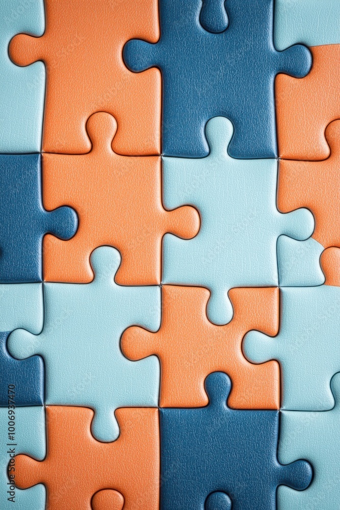 Colorful puzzle pieces arranged on a flat surface.