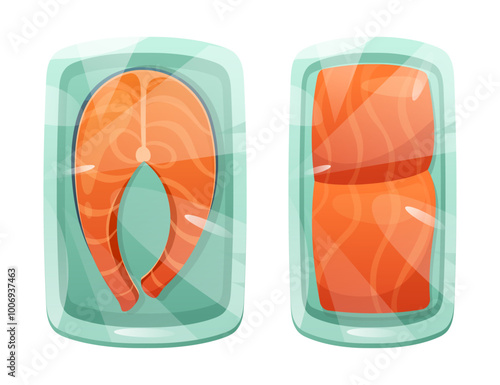 Frozen salmon fish. Vector illustration of ice cold seafood product in plastic package. Fresh salmon slices in polyethylene transparent wrap. Fish tray pack for grocery market, supermarket box