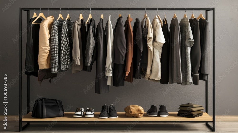 Stylish outfits displayed on a clothing rack. Collection of fashionable clothes Stylish outfits displayed on a clothing rack. Collection of fashionable clothes