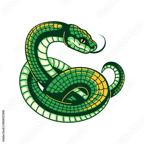 Green snake. Curve cartoon python or anaconda with scaly skin. Cute cunning asp vector illustration for any serpent design.