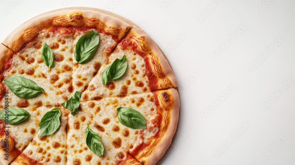 Margarita pizza, golden cheese bubbles, basil leaves, 3D illustration