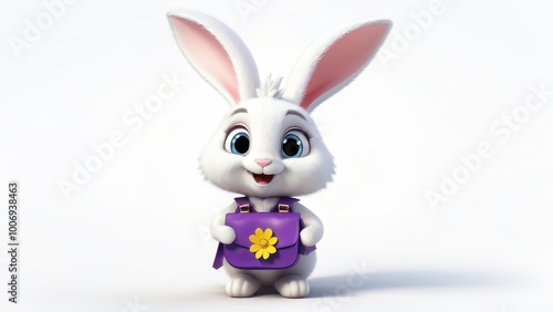 A cute cartoon rabbit holding a purple bag with a flower, smiling happily.