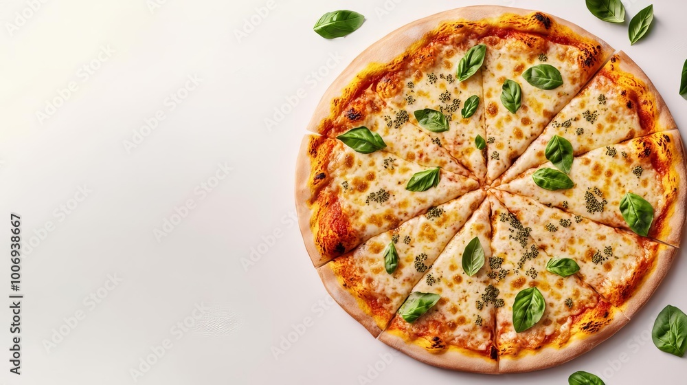 Margarita pizza herbs, golden-brown cheese, oregano flakes, 3D illustration Margarita pizza herbs, golden-brown cheese, oregano flakes, 3D illustration