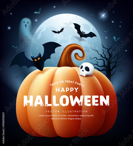 Halloween Pumpkin, ghost, bat flying, on full moon at night dark blue background poster flyer design, Eps 10 vector illustration
