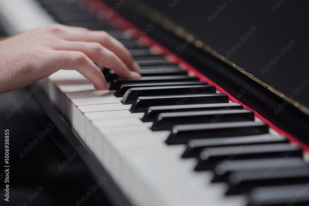 Obraz premium Piano keys and hand playing music, black and white contrast