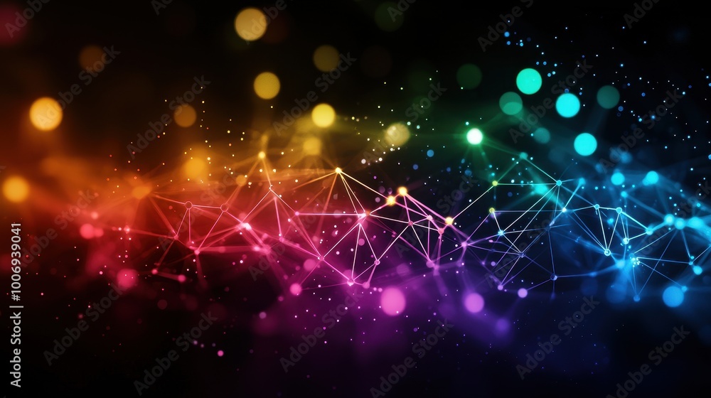 A vibrant, abstract background featuring a network of colorful dots and lines, creating a dynamic blend of light and color on a dark backdrop.